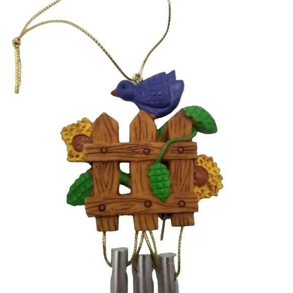 Wind Chimes Ceramic Blue Bird Brown Picket Fence Aluminum Rods Melody Home Decor - Picture 3 of 5